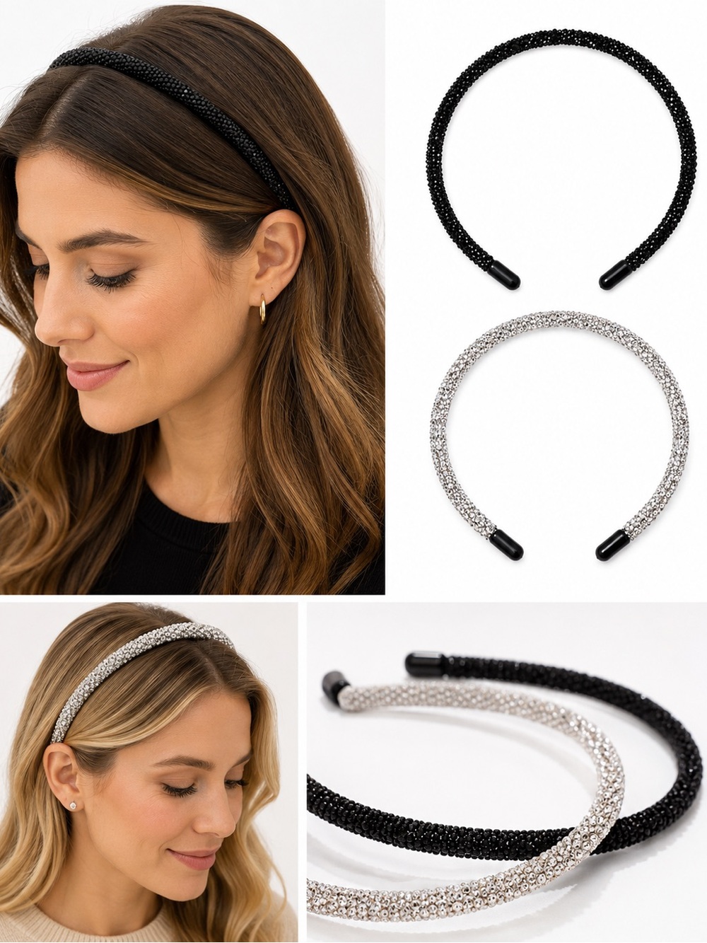 Set of 2 Crystal Rhinestone Headbands Black & Silver Sparkle Hair Accessories